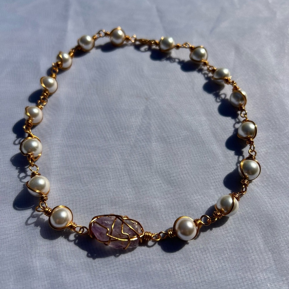 Handmade Amethyst & Pearl Crystal Choker Necklace Healing Artisan